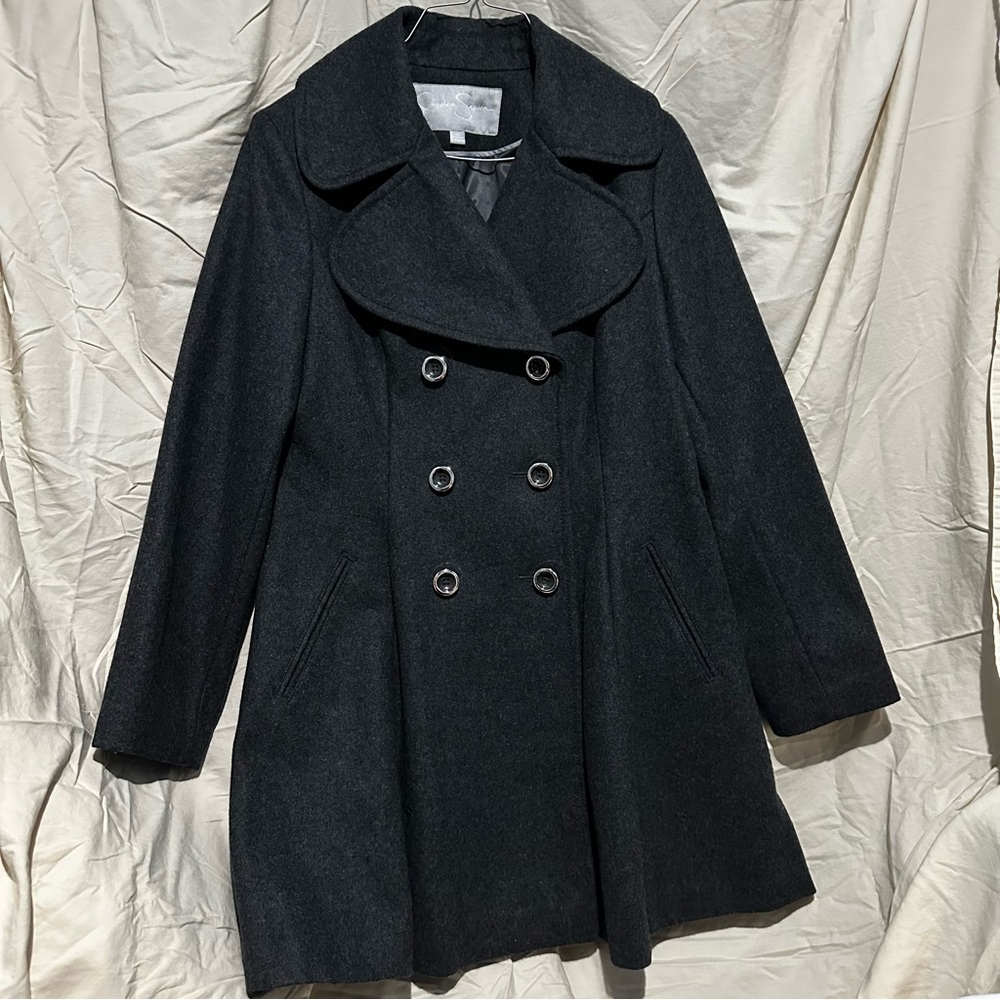 Elegant Soft Wool Double Breast Flare Peacoat in Charcoal Grey Jessica Simpson